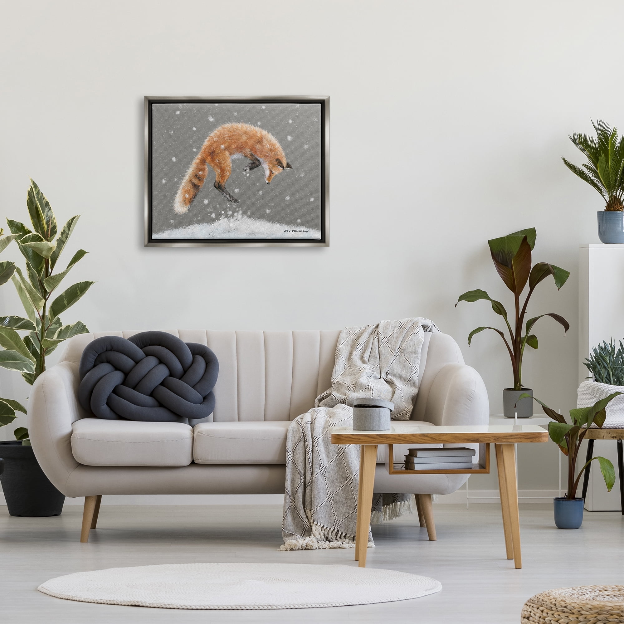 Stupell Industries Jumping Fox Winter Snowfall Holiday Painting Gray Floater Framed Art Print Wall Art
