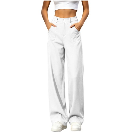Dress Pants for Women Elastic High Waisted Wide Leg Button Loose Fit Casual Work Office Trousers with Pockets