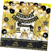 SKYSONIC Black and Birthday Decor for Men and Women, Includes Crown, Hanging Swirls, Sash, Tablecloth, Cake Toppers, Banner for Black and Themed for Dad
