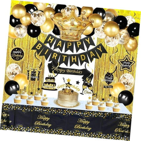 SKYSONIC Black and Birthday Decor for Men and Women, Includes Crown, Hanging Swirls, Sash, Tablecloth, Cake Toppers, Banner for Black and Themed for Dad