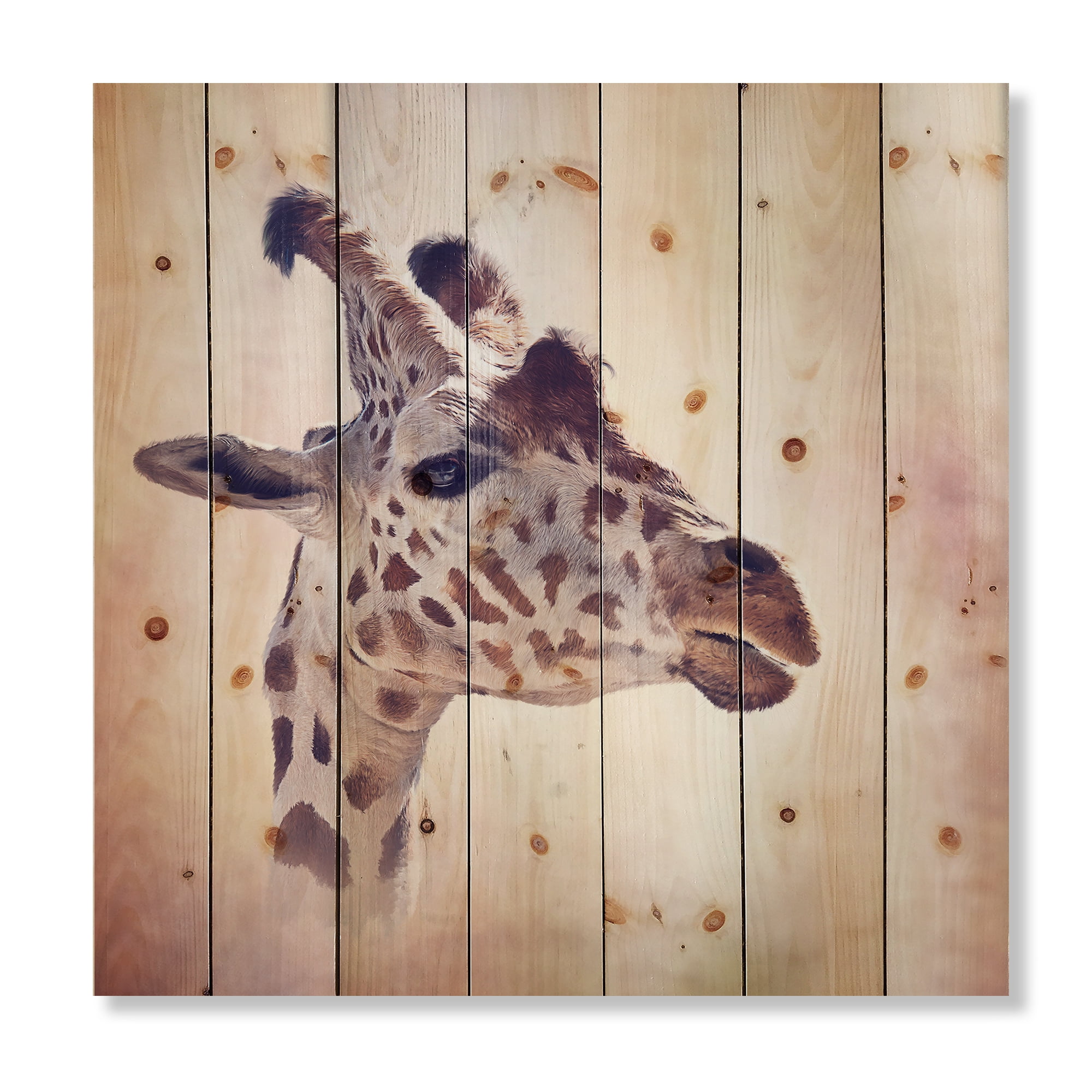 Designart 'Close Up Portrait of A Giraffe VII' Farmhouse Print on Natural Pine Wood