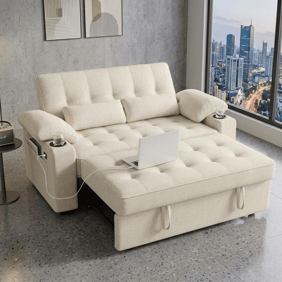 58" Convertible Sofa Bed Pull Out Couch Sleeper Loveseat with Teddy Fabric USB Charging Ports Adjustable Backrest Cup Holders and Side Pocket for Living Room Apartment Small Spaces,Beige