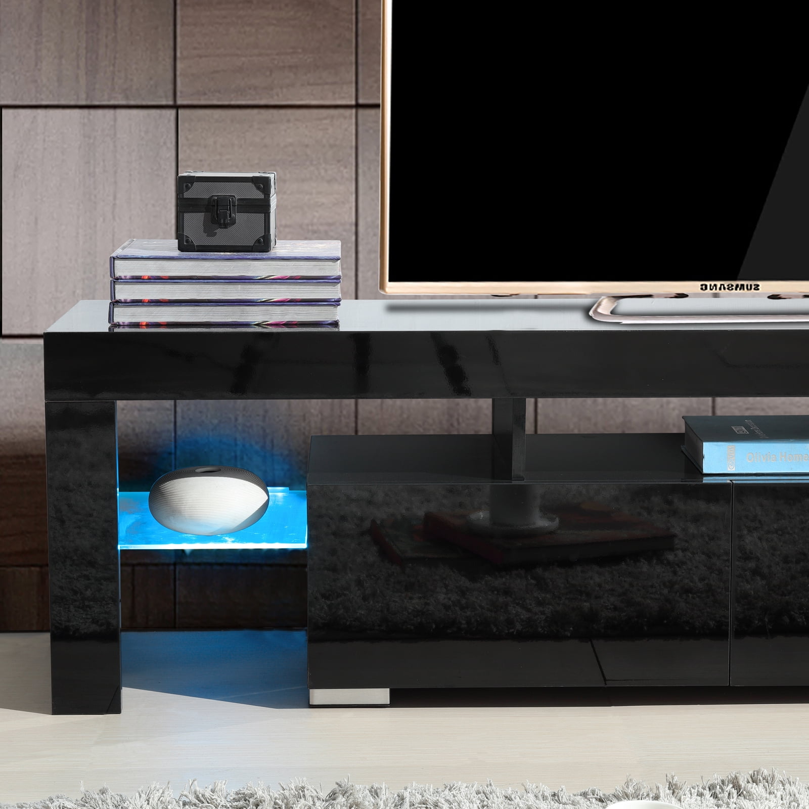 Mecor Tv Stand Media Console Cabinet With 2 Drawers Led Shelves For Living Room Storage High Gloss Black Up To 63 Inch Screens