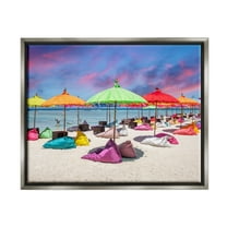 Stupell Industries Beach Umbrellas on Shore Landscape Photography Gray Floater Framed Canvas Art Print Wall Art, 21 x 17