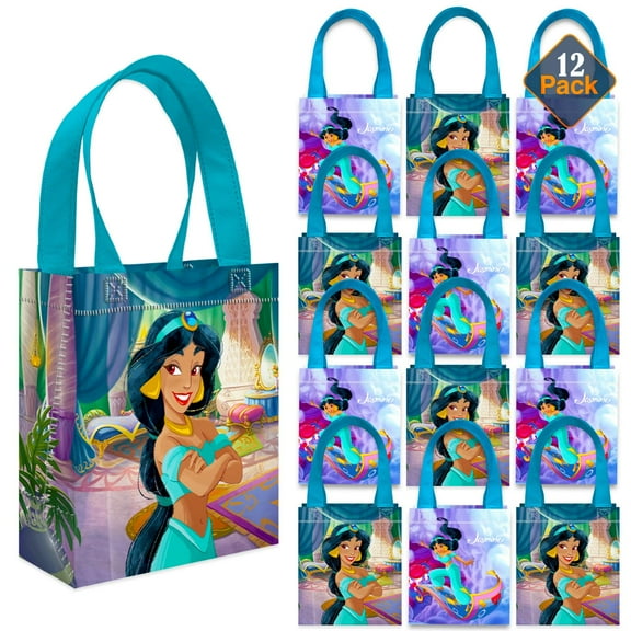 Princess Jasmine Party Favor Bags Set – 12 Pack 8" Aladdin Goodie Bags for Kids Bulk Reusable Mini Totes | Disney Princess Jasmine Birthday Party Supplies