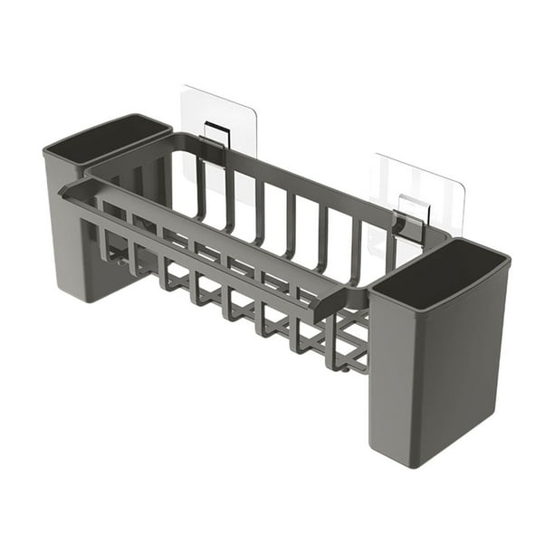 Organizador de fregadero de cocina con bandeja de drenaje automático, soporte para esponja, jabón, cepillo, tapón de fregadero, estante de almacenamiento de encimera grande de plástico con barra para
