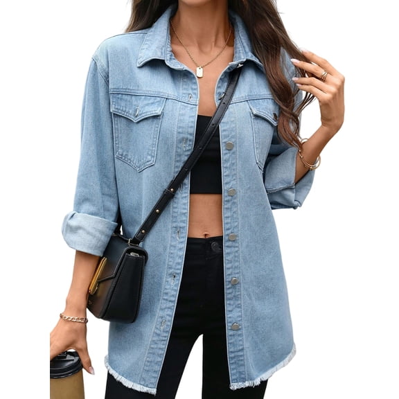 Women'S Button Up Frayed Hem Shacket Long Sleeve Pockets Denim Jean Jacket Light Blue M