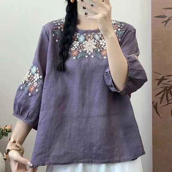 Women's T-Shirts Blend Half Sleeve Embroidered T Shirt For Women Loose Fit Summer Round Neck Top Purple L