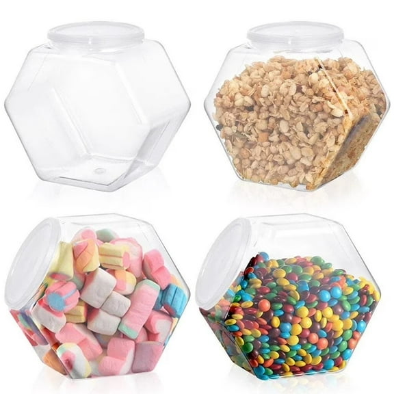 Wiywef Plastic Hexagon Candy Jars 4Pcs Plastic Cookie Jars with Lids Wide Mouth Food Storage Container Reusable Food Container
