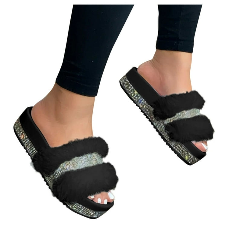 GERsome Women's Rhinestone Fluffy Slippers Platform Slippers