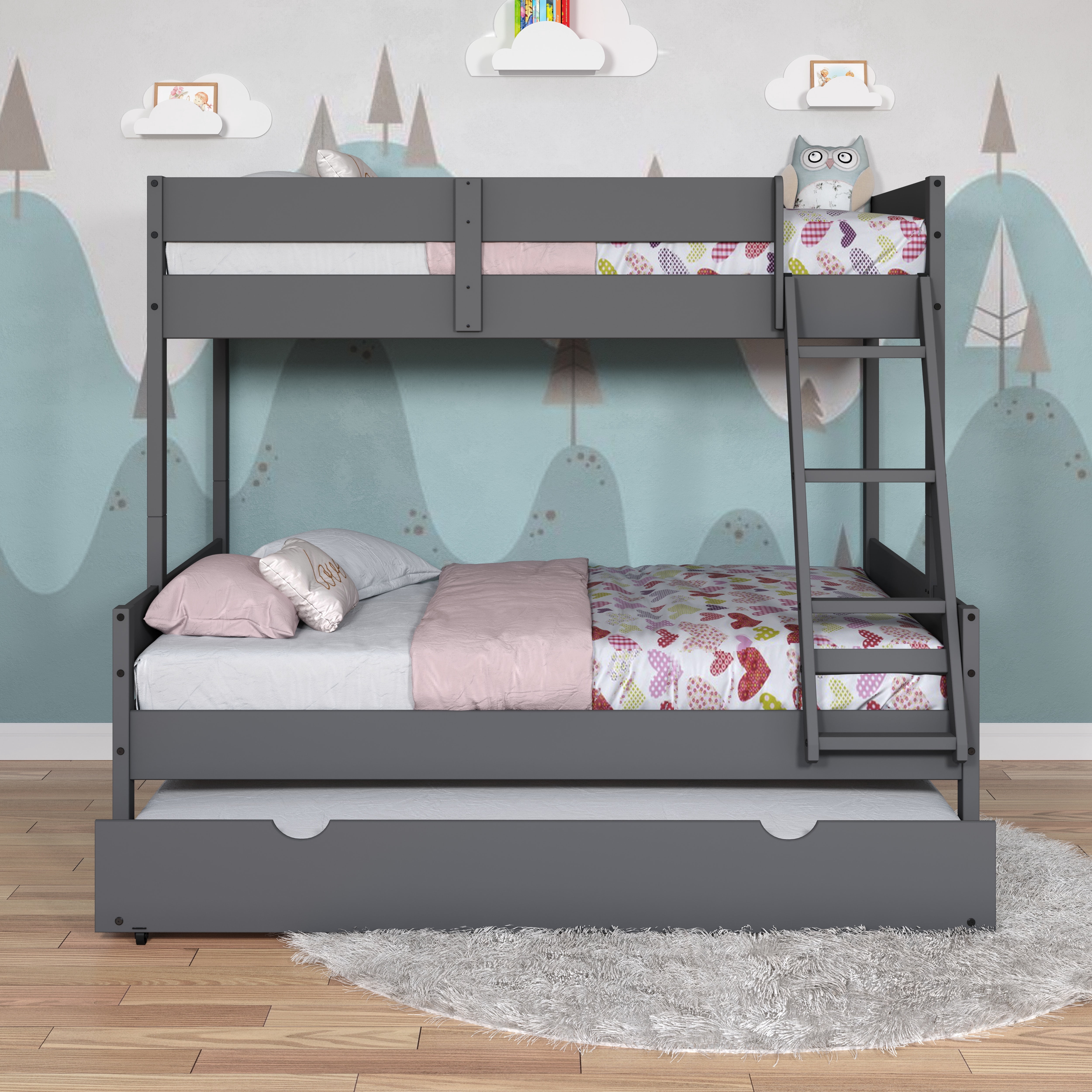 Donco Kids Low Board Panel Twin Over Full Bunkbed with Trundle, Dark Grey