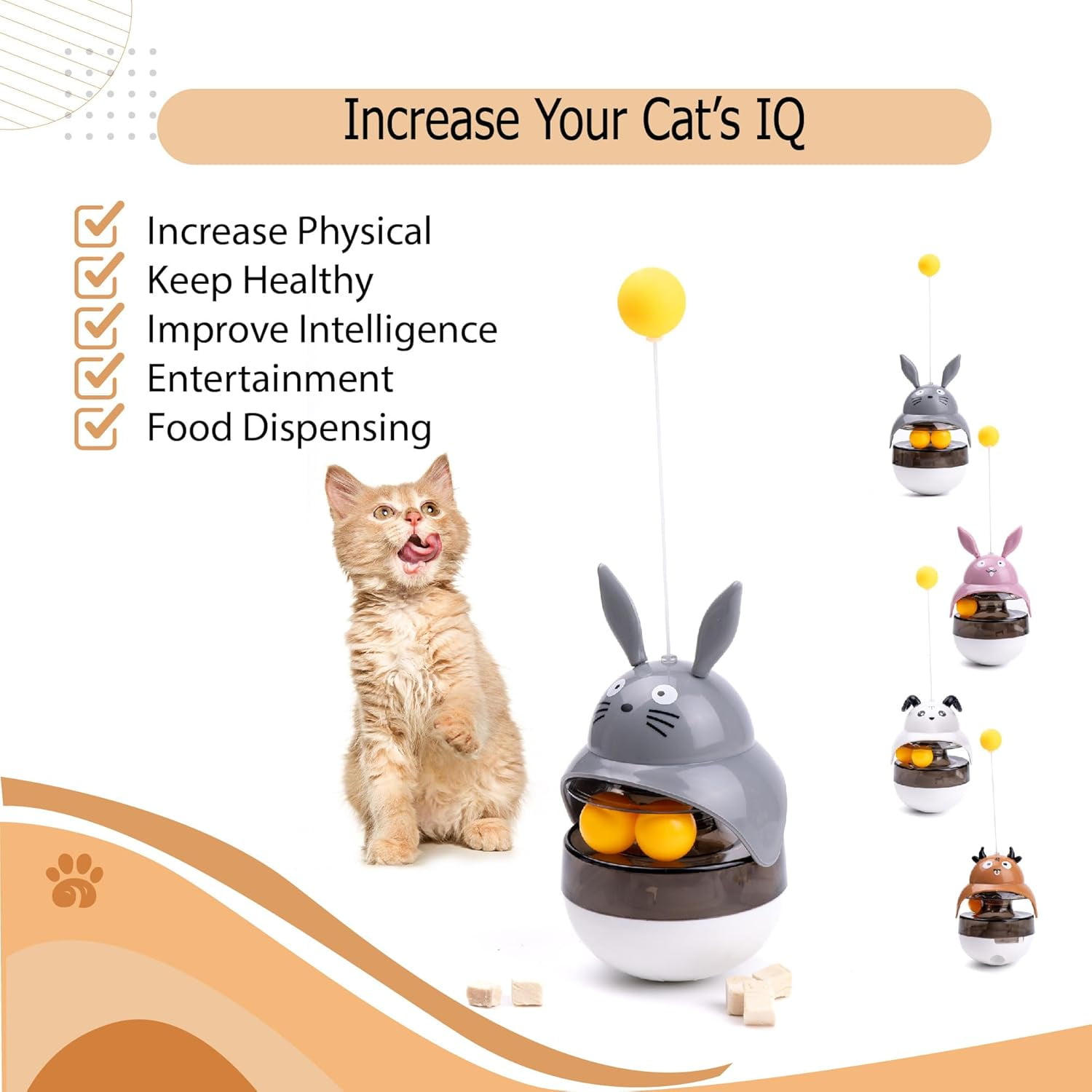 Cat Treat Puzzle Toy, Auto-Balancing Pet Food Dispenser - Brain Stimulating - Slow Feeder - Boredom Relief Kitten Toys, Interactive Training, Toy for Indoor Bored Cats (White, Sheep)
