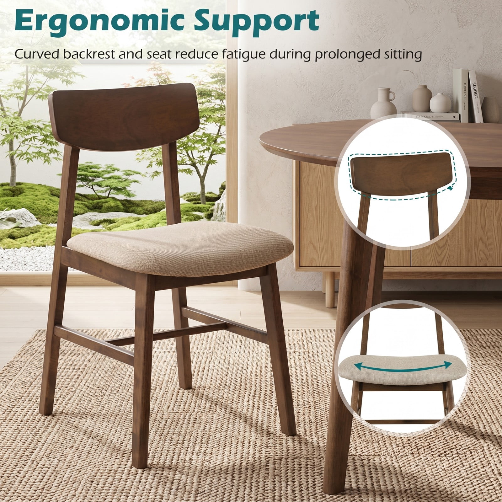 Furnibear Solid Rubber Wood Dining Chairs Set of 4, Mid-Century Modern Upholstered Kitchen Side Chairs with Curved Backrest, Linen Fabric Padded Seat, Walnut & Gray