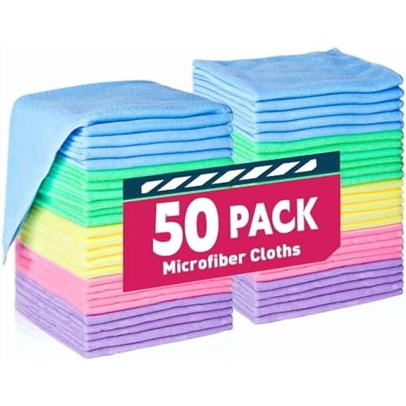 Microfiber Cleaning Cloths-50 Pack, Microfiber Towels Bulk, Towels for Cars & Home, Cleaning Rags 5 Colors Assorted (12x12 inches)