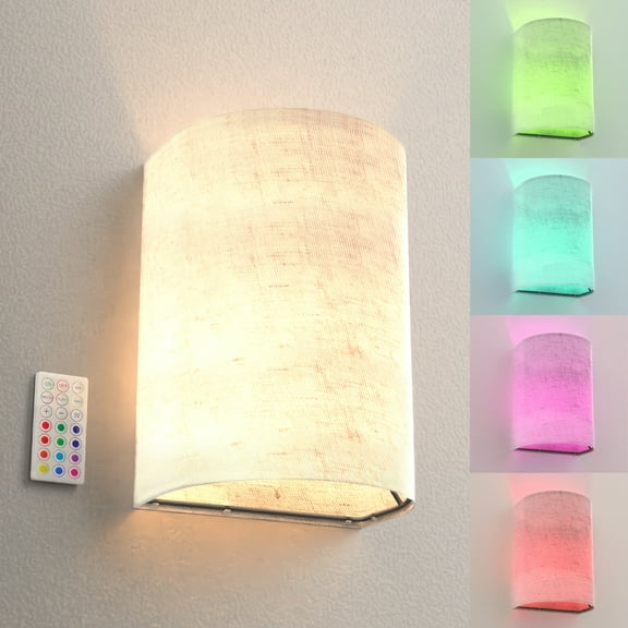 Sunco 4 Pack Battery Operated Rechargeable Wall Sconce, LED Wall Lights Indoor No Hardwire Dimmable w/Remote Control RGB Selectable Color Modes Fabric Shade Sleek Modern Design, 35 Lumens, 0.6W, DC5V