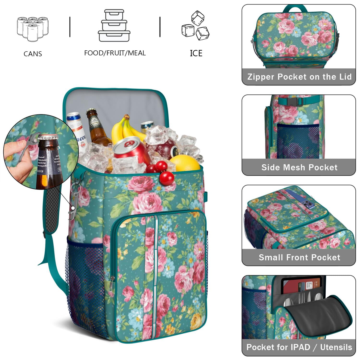 Travel Cooler Bag - Pioneer Flower Floral Print Pattern Camping Beer Cooler Backpack with Bottle Opener- Waterproof Insulated Picnic Backpacks - Cooler Bag for Beach