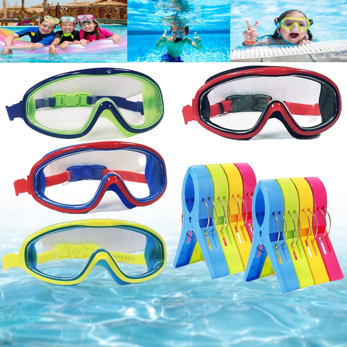 4 Kids Swim Masks Plus 8 pcs Strong Pool Beach Towel Clips Swim