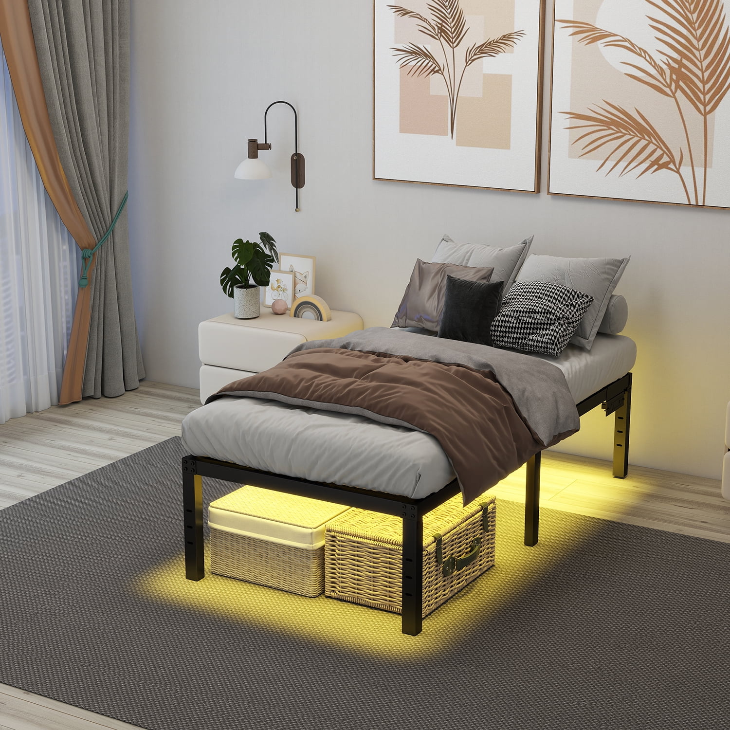 Twin Bed Frames 14 Inch Twin Platform Bed Frame with Large Storage Space,Black Bed Frame Twin Size Heavy Duty Metal Mattress Foundation,Corner Bed