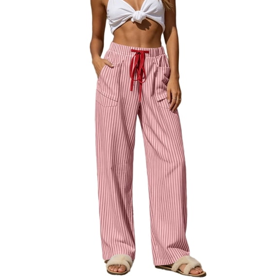 Lmnyox Women's Fashion Pants Striped Elastic High Waist Drawstring Pants Casual Pull-on Trousers with Pockets
