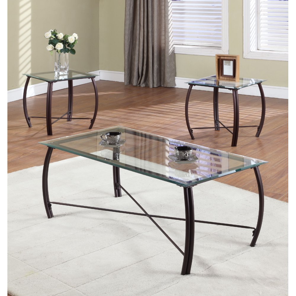 3 Piece Copper Metal & Bevelled Glass Top Occasional Cocktail Coffee