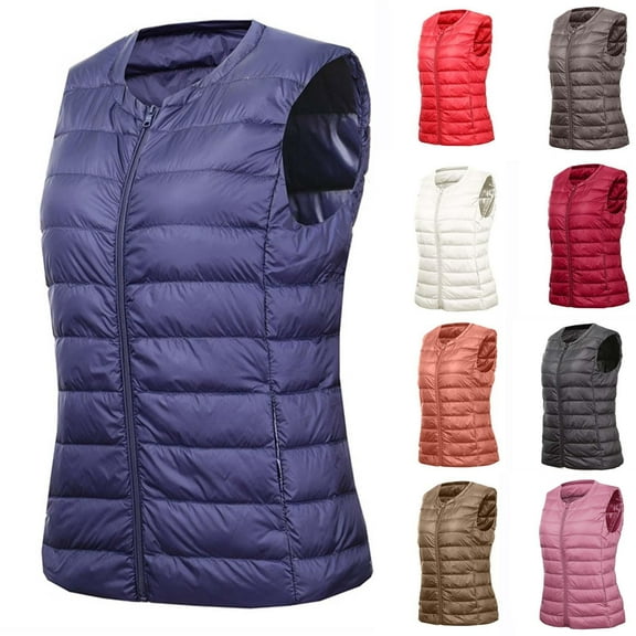 UTSJKR Women's Collarless Down Vest Sleeveless Jacket Lightweight Short Tank Top Plus Size Quilted Casual Outerwear Navy M