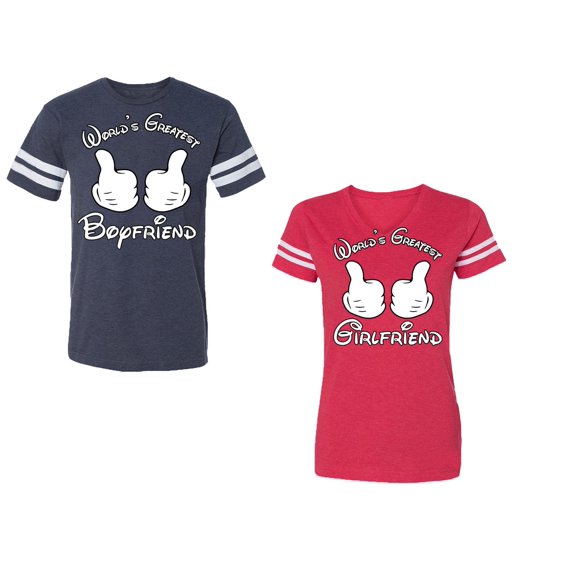 World Greatest Boy & Girlfriend Unisex Couple Matching Cotton Jersey style T-Shirt Contrasting stripes on sleeves (Men Navy / Women Red) (Men S / Women M)