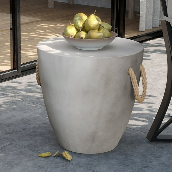 MOALCOFER Outdoor Side Table,17" Concrete Top with Hemp Rope Handles, Accent Table for Patio,Garden