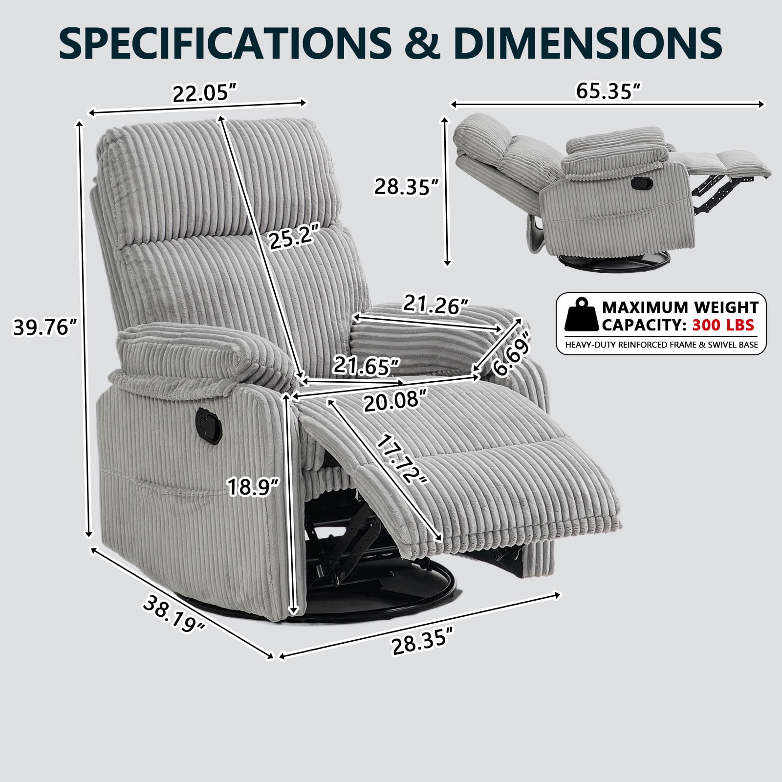 Leumius Swivel Recliner Chair,360° Swivel Rocker Chair for Living Room,Upholstered Nursery Glider Recliner Chair for Small Spaces,Manual Recliner for Adults for Home Theater,Light Gray
