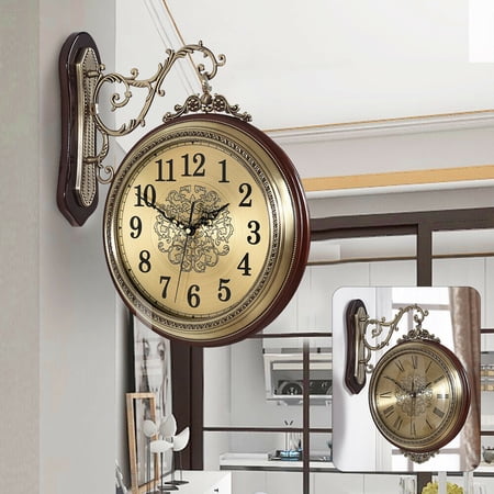 DENEST Vintage European Style Wall Clock Double Sided Clock Non-Ticking Silent 24CM