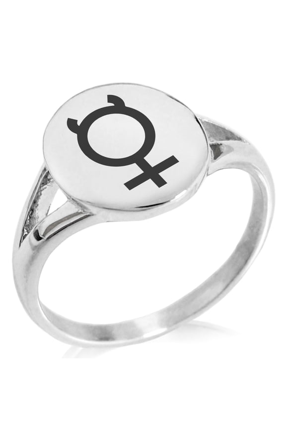 Stainless Steel Solar System Planetary Mercury Minimalist Oval Top Polished Statement Signet Ring
