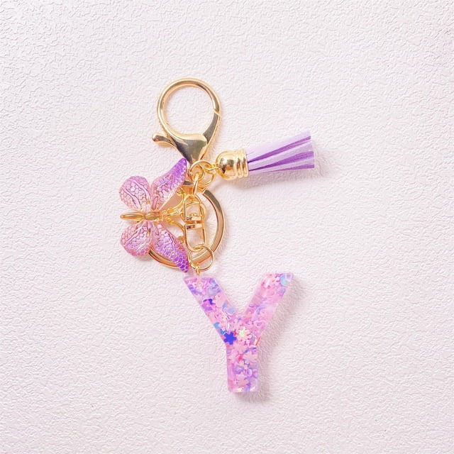 UsTZtai Initial Letter Keychains for Women Tassel Purple, Resin Alphabet Keychain for Car Keys Wallet Backpack, Personalized Jewelry Gift Accessory