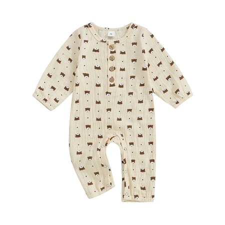 

WERNZATT Baby Fall Romper Letter Bear Head Print Long Sleeve Button Jumpsuit