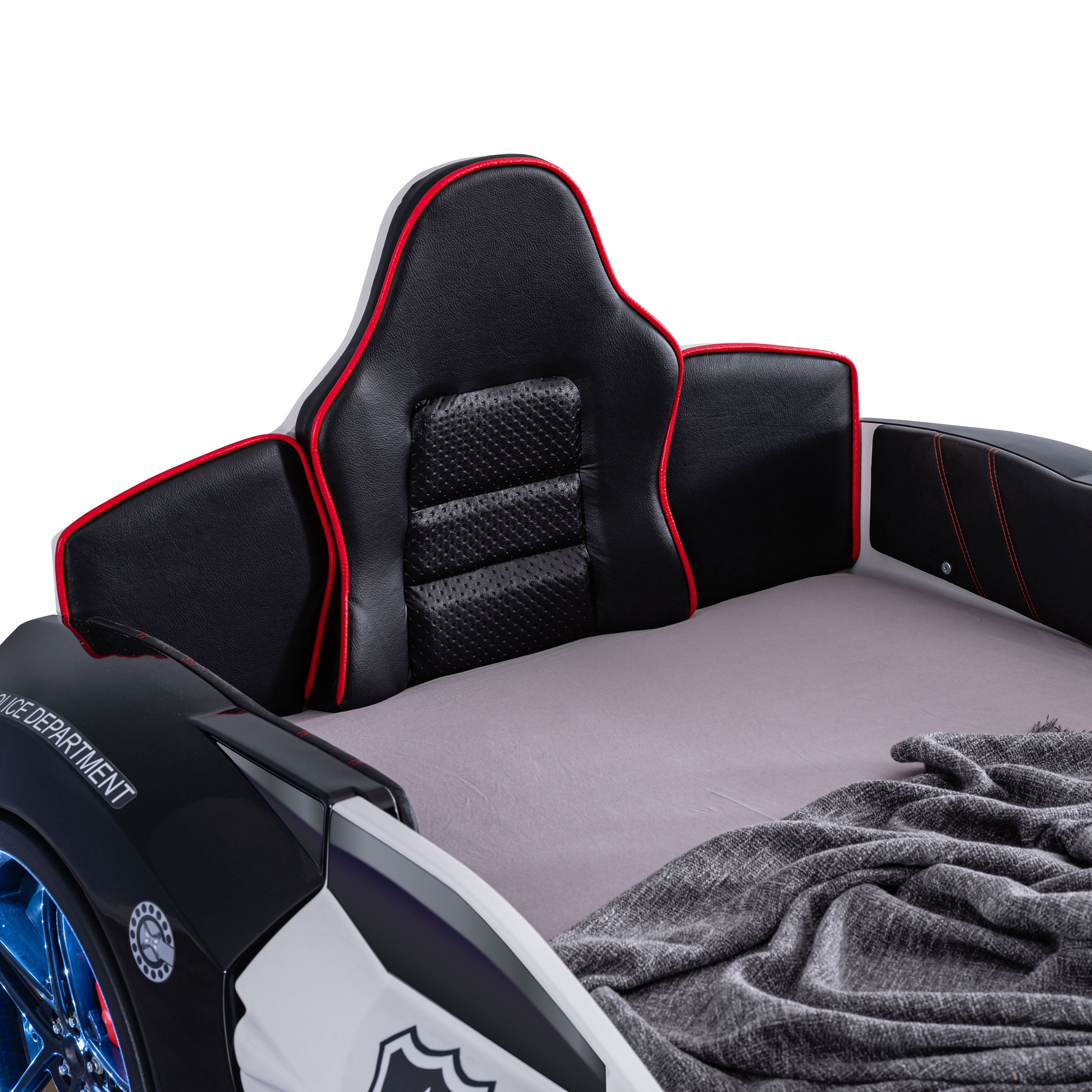 Furniture of America Dash Kids Plastic Twin Race Car Bed with LED and Sound, Black and White