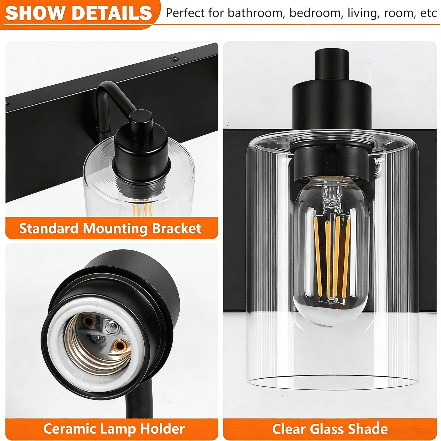 Bathroom Vanity Light Fixture 4-Light Matte Black Bathroom Light Fixtures Over Mirror with Clear Glass Shade Modern Farmhouse Vanity Lights Lighting Fixtures