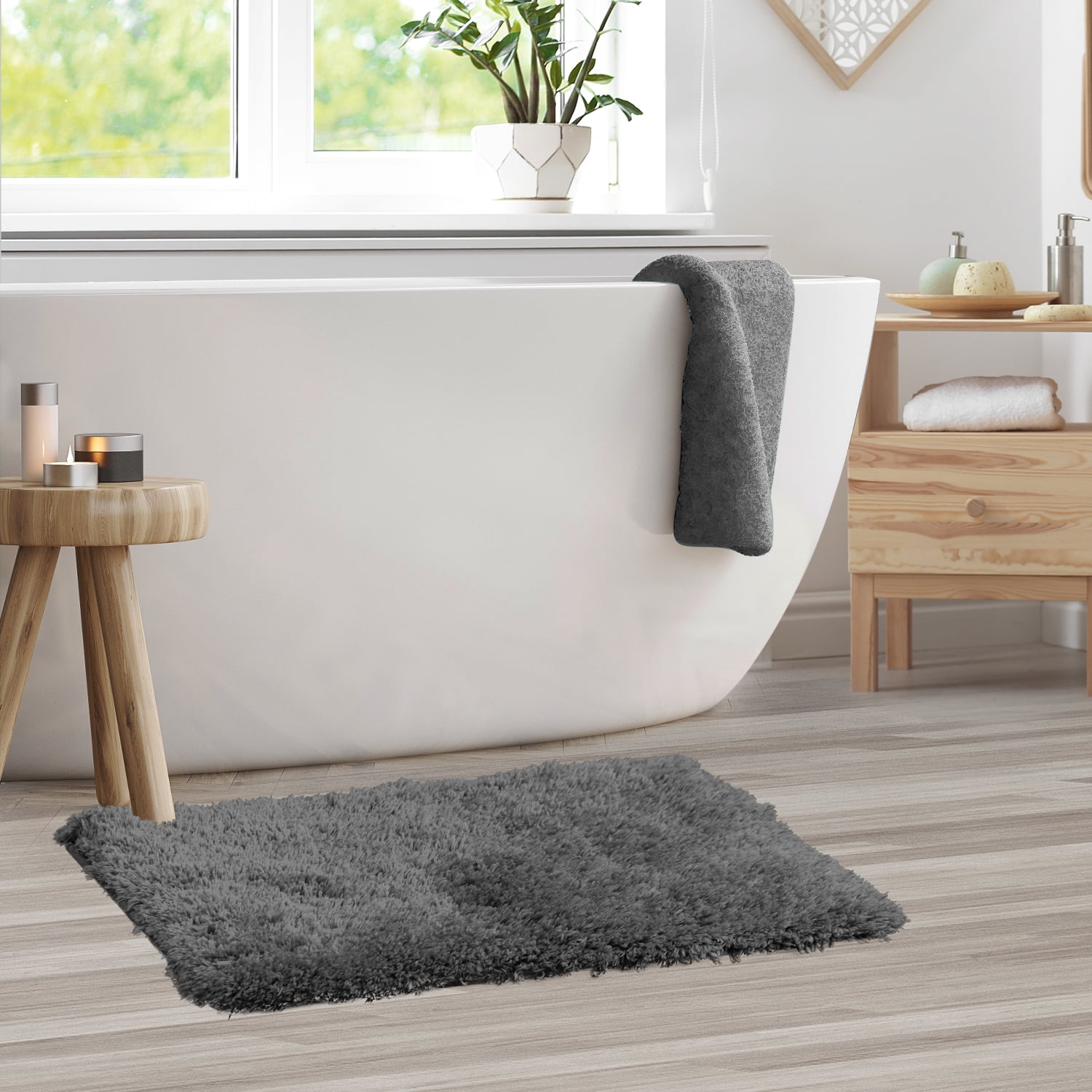 Clara Clark Shaggy Bath Rug with Non-Slip Backing Rubber - Machine Washable Super Soft Bathmat - Plush Absorbent Bathroom Rug, medium - 20 x 32, Gray