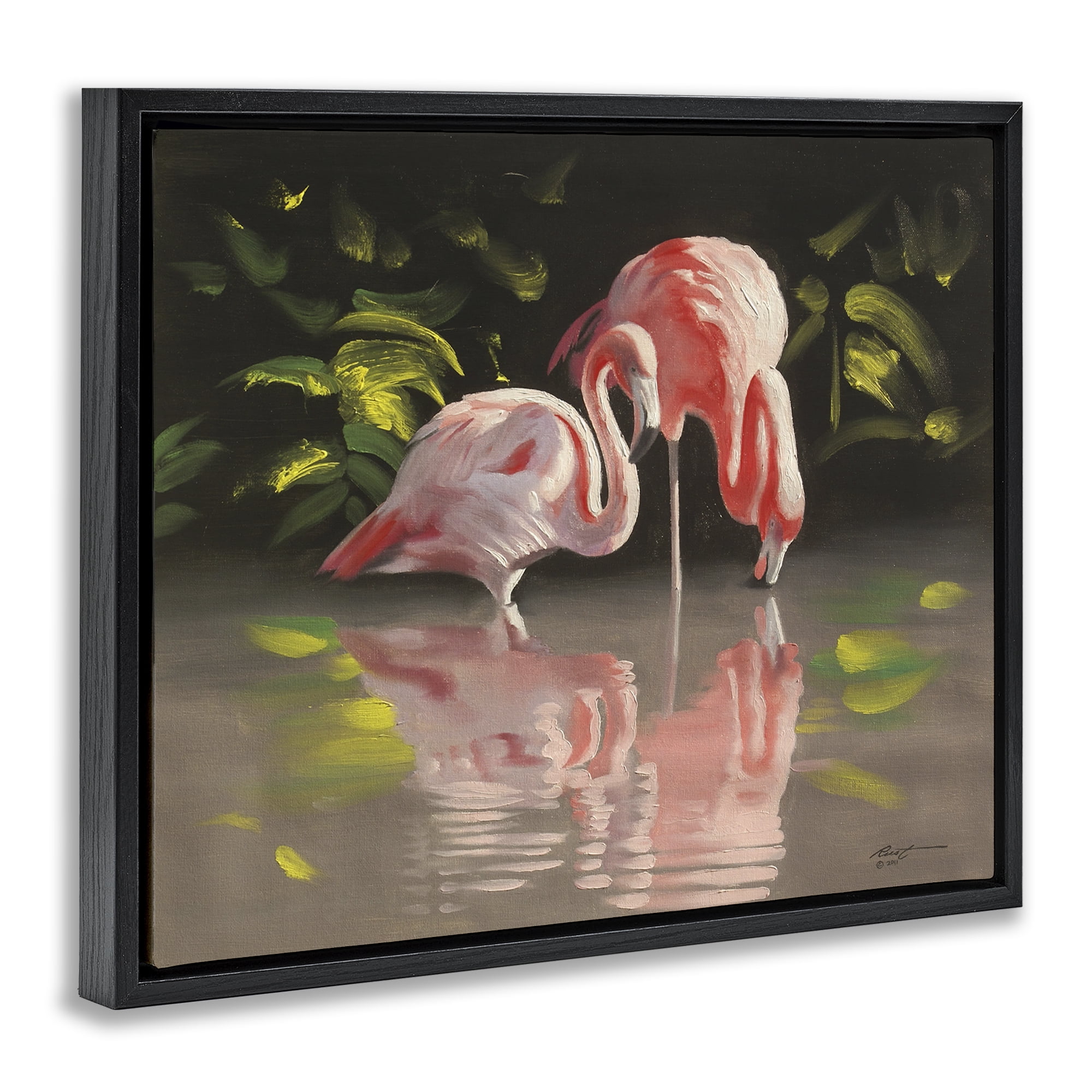 Stupell Industries Flamingos with Pond Reflection Animals & Insects Painting Black Floater Framed Canvas Art Print Wall Art, 21 x 17