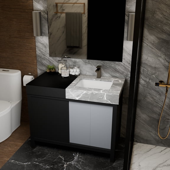 Zilara 42 in W Black and Grey Vanity, Castle Grey Marble Top, Faucet Set and 34 in Mirror