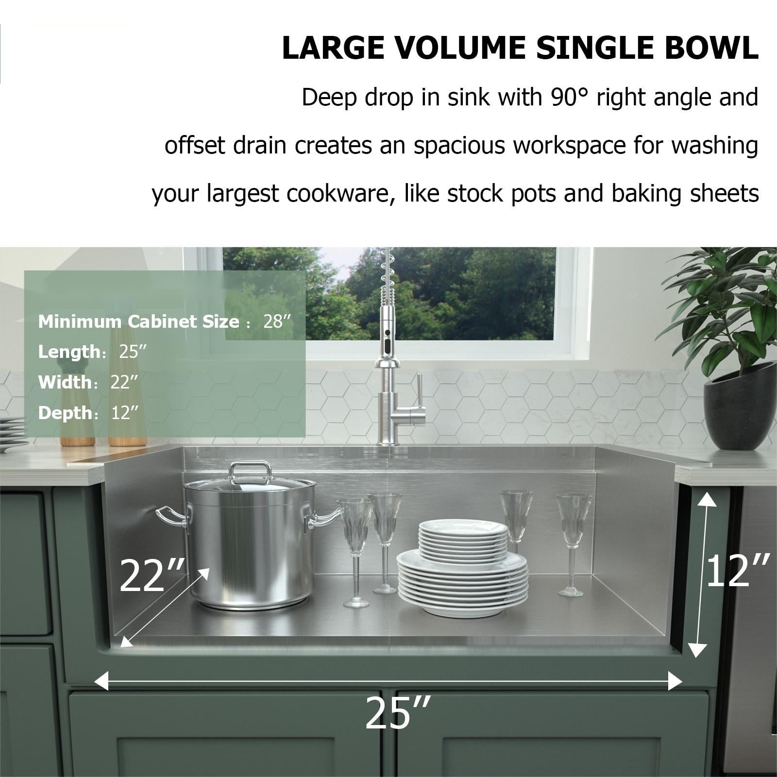 Undermount Kitchen Sink 25"x22"x12" Stainless Steel Laundry Utility Sink Drop In Topmount 16 Gauge Deep Single Bowl Kitchen Sink Basin,Stainless Steel Kitchen Sink