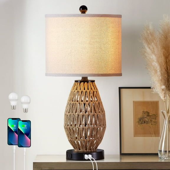 Cinkeda Rattan Table Lamps for Living Room Bedroom Modern 3 Way Dimmable Touch Nightstand Bedside Lamp with USB Ports AC Outlet