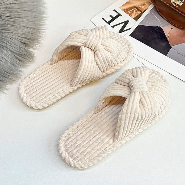 Pantuflas de pana con tiras cruzadas para mujer, antideslizantes, para interiores, para parejas (Beige 40-41)