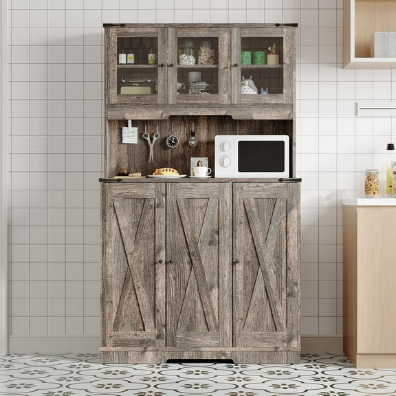Ataucjin 71in Tall Kitchen Pantry Cabinet,Kitchen Hutch Cupboard Storage Cabinet Coffee Bar with Countertop with Charging Station, Farmhouse Freestanding for Living Room,15.2 "d× 40.35" w× 70 "h
