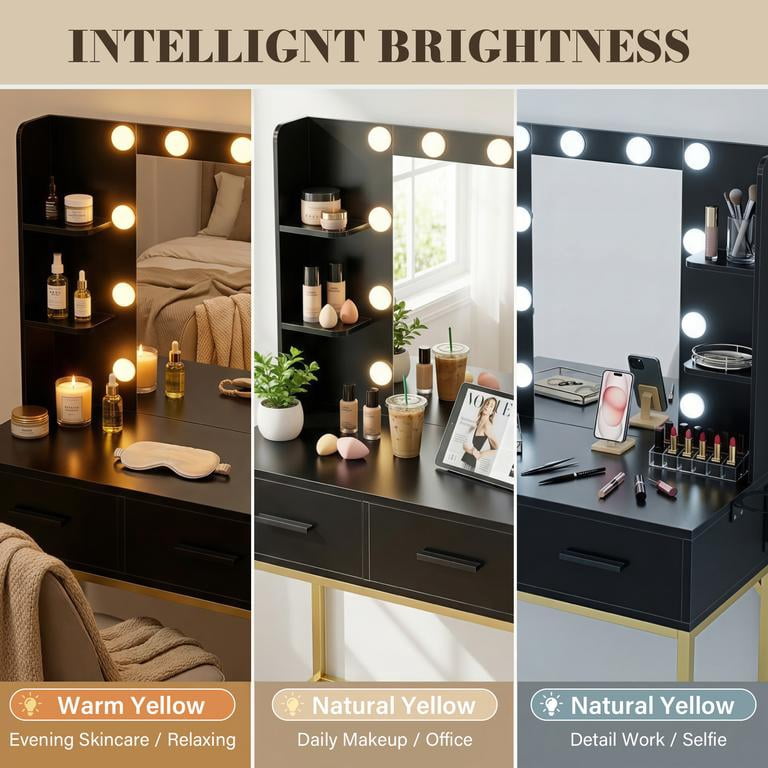 Lacoo Makeup Vanity with LED Lights & Charging Station, Vanity Set with 4 Shelves & 2 Storage Drawers, Vanity Table for Bedroom, Black