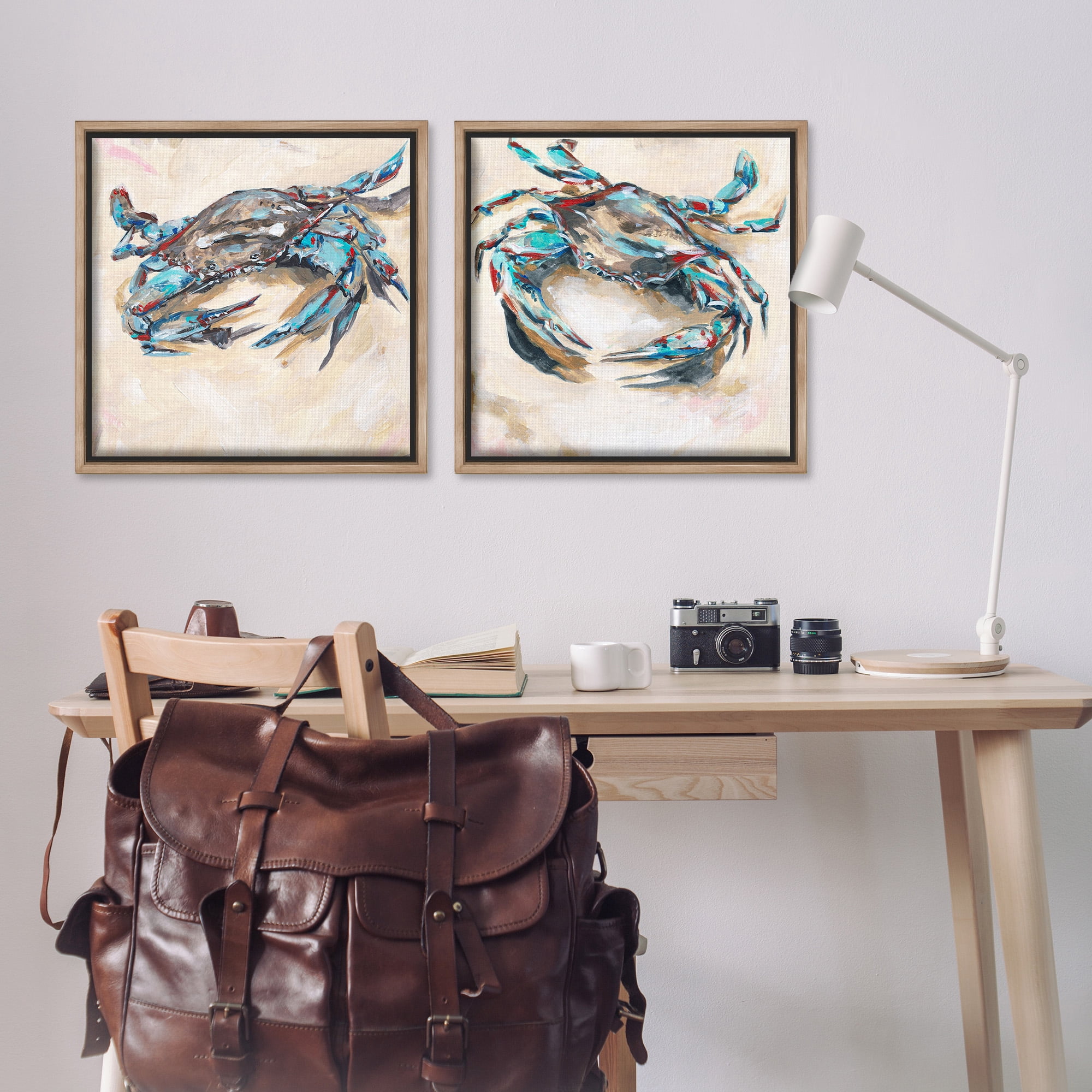 Stupell Industries Blue Crabs on Sand Animals & Insects Painting Brown Floater Framed Canvas Art Print Wall Art, 25 x 25, Set of 2