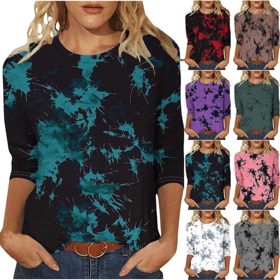 Mifsaly Graphic T Shirts for Women Tie-Dye Print Crewneck 3/4 Sleeve T-Shirts Lightweight Flattering Relaxed Fit Tunic Summer Tee Black,S