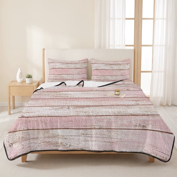 Country Vintage Wood Plank 3 Pieces Quilt Set,1 Quilt with 2 Shams,Retro Pink Gradient Wooden Bedspread Soft Lightweight Bedding Coverlet Comforter Set for All Season 96"x106"