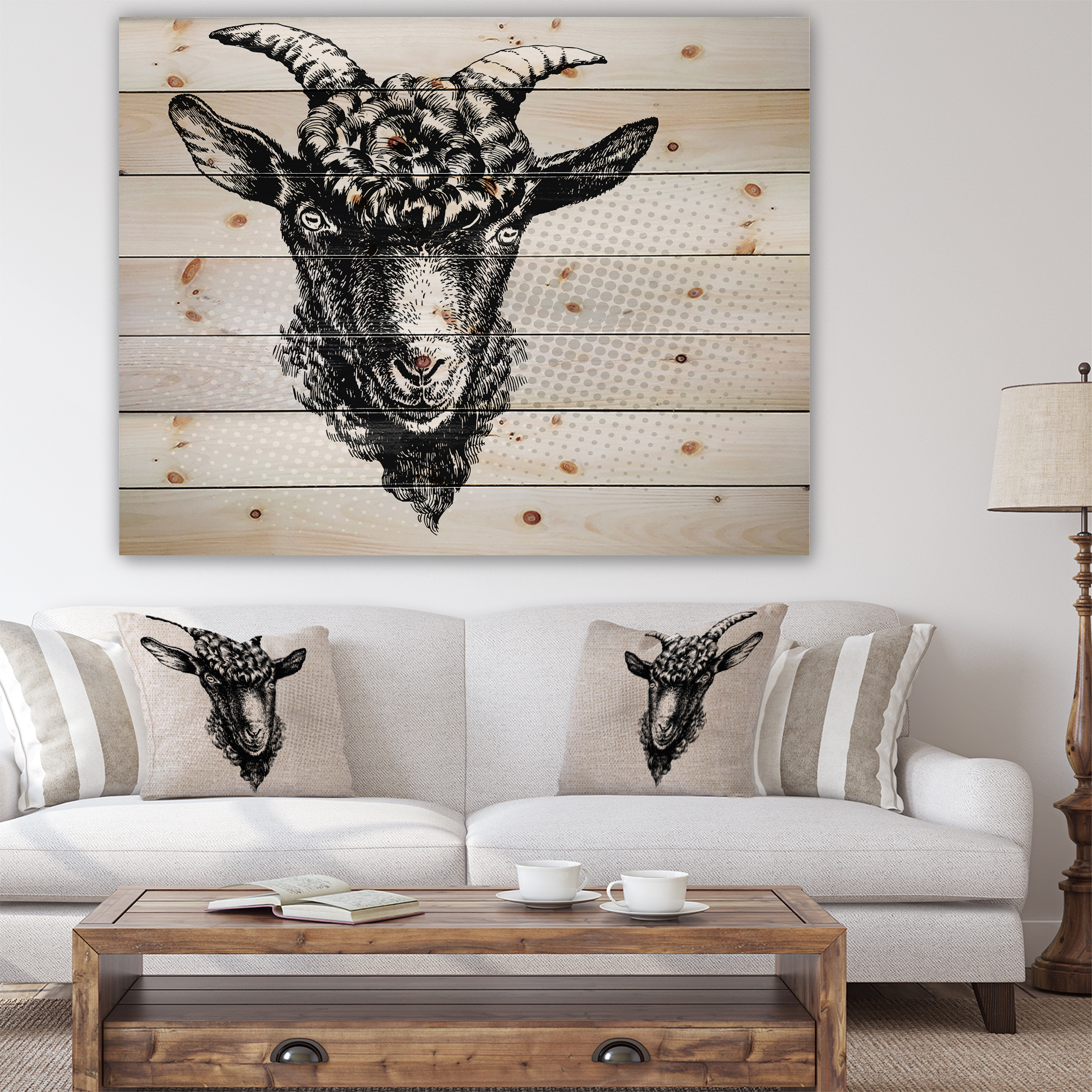 Designart 'Black Goat' Farmhouse Animal Painting Print on Natural Pine Wood