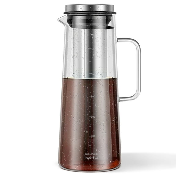 Cold Brew Coffee Maker 1.4L/48oz Thick Glass Cold Brew Coffee Pitcher with Stainless Steel and Silicone Filter and Airtight Lid for Home Kitchen Cafe