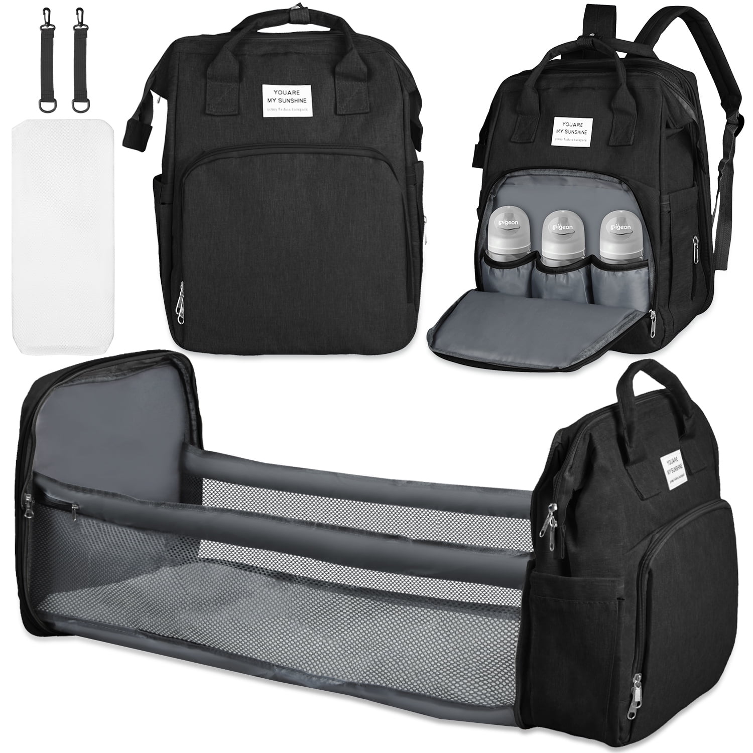 Diaper Bag Backpack,Multifunction Diaper Bag Backpack with Changing Station,Foldable Crib&Insulated Milk Bottle Pocket Large Capacity Baby Nappy Changing Bag Travel Backpack w/ Stroller Straps,Black