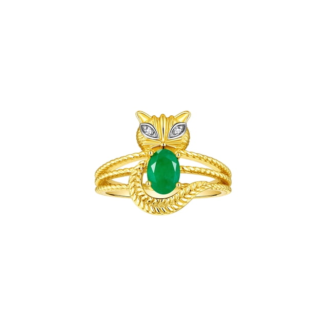 RYLOS Bagues pour Femmes Bague Chat en Or Jaune 14K Pierre Précieuse Ovale 7X5MM et Diamants Étincelants Mai Émeraude Bijoux Taille 9