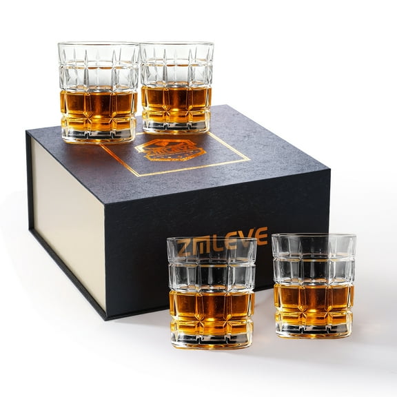 Zmleve Crystal Whiskey Glass, 10 Ounces Whiskey Glass for Scotch Cognac Vodka Cocktail Rum with Premium Gift Box-4 Pack